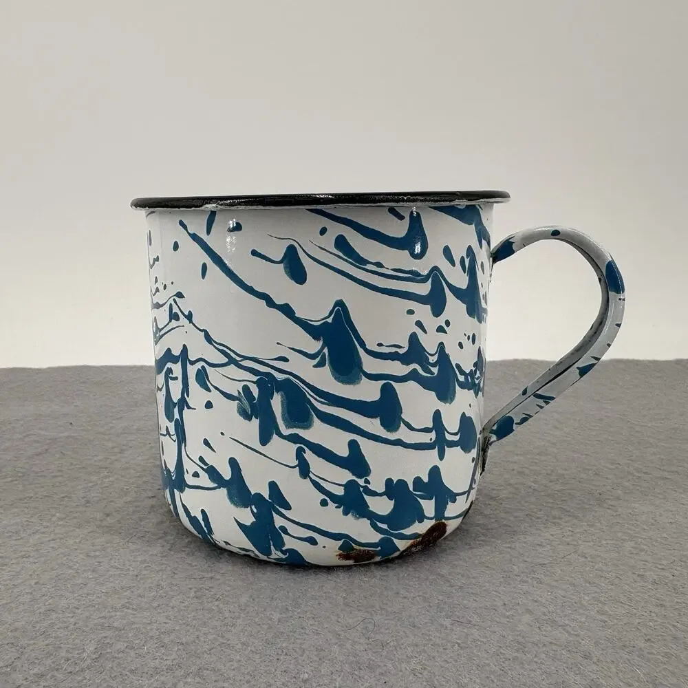 Beautiful VTG Enamelware Graniteware Coffee Mug Blue White Swirl W Dk Blue Rim